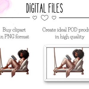 May include: Digital illustration of a woman with curly black hair sitting on a swing reading a book. The woman is wearing a pink robe and is holding a cup of coffee. The background is white.