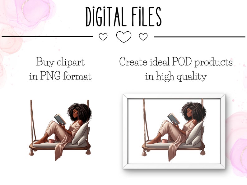 May include: Digital illustration of a woman with curly black hair sitting on a swing reading a book. The woman is wearing a pink robe and is holding a cup of coffee. The background is white.