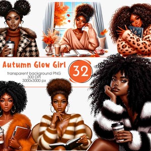 Autumn Black Women Clipart, Planner Stickers PNG Bundle (Instant Download)