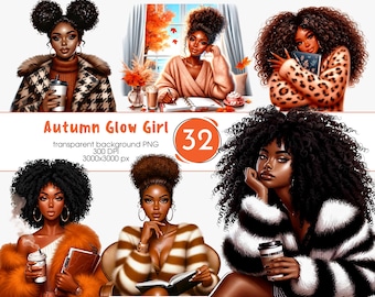 May include: Digital art featuring six illustrations of Black women in autumn settings. The women are depicted with various hairstyles and outfits, including coats, sweaters, and fur. The text "Autumn Glow Girl" is displayed with a number 32 in an orange circle.