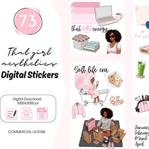 Op de afbeelding: Digitale sticker set met de tekst "That girl aesthetics" en diverse illustraties. Bevat afbeeldingen van een laptop, koffie, bloemen, een auto, dumbbells, een vrouw en de tekst "Soft life era". Inclusief commerciële licentie.