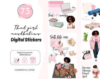 May include: Digital sticker set featuring the text "That girl aesthetics" and various illustrations. Includes images of a laptop, coffee, flowers, a car, dumbbells, a woman, and text "Soft life era". The set includes a commercial license.