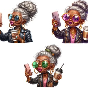 Pode incluir: Tr&ecirc;s ilustra&ccedil;&otilde;es de uma mulher com cabelo grisalho vestindo uma jaqueta de couro preta, &oacute;culos de sol e joias. Cada mulher est&aacute; segurando um smartphone e uma x&iacute;cara de caf&eacute;.