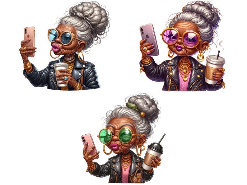 Pode incluir: Tr&ecirc;s ilustra&ccedil;&otilde;es de uma mulher com cabelo grisalho vestindo uma jaqueta de couro preta, &oacute;culos de sol e joias. Cada mulher est&aacute; segurando um smartphone e uma x&iacute;cara de caf&eacute;.