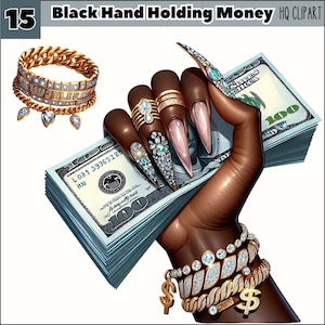 Mano nera femminile che tiene soldi PNG, Clipart pila di soldi, Regina afro nera, Ragazza nera Hustler PNG, Clipart di moda, Sublimazione di denaro contante