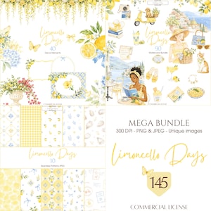 Limoncello Days-kollektion, italiensk citron akvarellpaket, clipart, dekorelement, sömlösa mönster, digital nedladdning