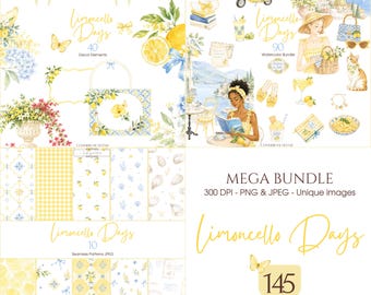 May include: A digital art mega bundle with watercolor illustrations. The image features the text "Limoncello Days" and includes decor elements, seamless patterns, and unique images. The bundle contains 145 images with a commercial license.