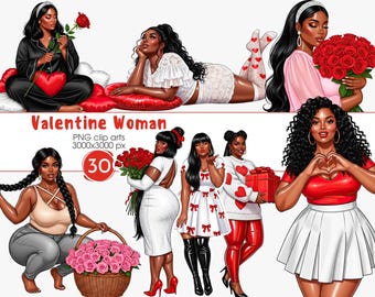 Curvy Black Woman Valentine Clipart PNG, Afro American Women, Romantic Stickers (Digital Download)