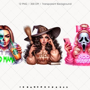 Pu&ograve; includere: Tre illustrazioni digitali di donne a tema Halloween. Una ha la faccia da teschio, la seconda &egrave; una strega e la terza indossa una maschera di Scream. Ognuna tiene in mano un oggetto, come una tazza di caff&egrave;, una scopa, un telefono e un coltello.