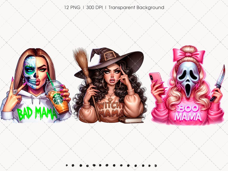 Pu&ograve; includere: Tre illustrazioni digitali di donne a tema Halloween. Una ha la faccia da teschio, la seconda &egrave; una strega e la terza indossa una maschera di Scream. Ognuna tiene in mano un oggetto, come una tazza di caff&egrave;, una scopa, un telefono e un coltello.