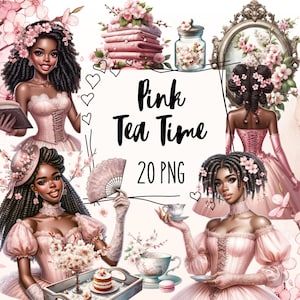 Clipart heure du thé fille noire, magie femme noire, printemps filles, tea party vintage, art mural femme noire PNG, heure du thé rose