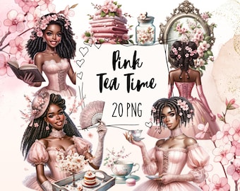 Black Girl Tea Party Clipart, Black Woman PNG (Digital Download)