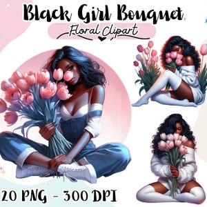Ragazza nera acquerello con fiori PNG, arte floreale di ragazze afroamericane, clipart di ragazza floreale, clipart di ragazza planner, ragazza nera stampabile