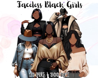 Faceless Black Girl PNG, Black Woman Magic, Fashion Black Girl, Flat Illustration, Melanin, Digital Stickers, Flat Vector, Planner girl DIY