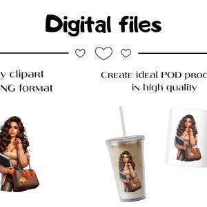 Pu&ograve; includere: File digitali per la creazione di prodotti print-on-demand. L'immagine mostra una donna con i capelli castani che indossa un maglione marrone e tiene un libro e una borsa marrone con foglie autunnali. L'immagine mostra anche una tazza bianca e un bicchiere trasparente con la stessa immagine stampata.