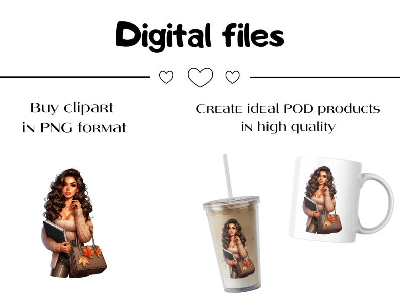 Pu&ograve; includere: File digitali per la creazione di prodotti print-on-demand. L'immagine mostra una donna con i capelli castani che indossa un maglione marrone e tiene un libro e una borsa marrone con foglie autunnali. L'immagine mostra anche una tazza bianca e un bicchiere trasparente con la stessa immagine stampata.
