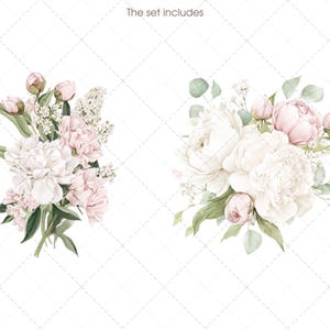 May include: Watercolor illustration of two floral arrangements. One arrangement features white and pink peonies with green leaves and small white flowers. The other arrangement has white peonies, pink buds, and green leaves. The text "The set includes" is at the top.