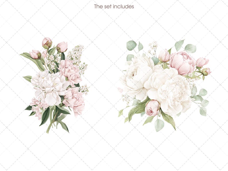 May include: Watercolor illustration of two floral arrangements. One arrangement features white and pink peonies with green leaves and small white flowers. The other arrangement has white peonies, pink buds, and green leaves. The text "The set includes" is at the top.