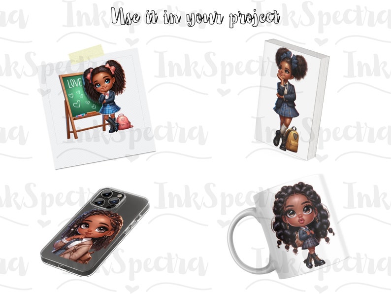 May include: Four digital designs featuring a young Black girl in a school uniform. The designs are for a phone case, a mug, a notebook, and a photo frame. The girl is wearing a blue plaid skirt, a white shirt, a blue blazer, and a yellow backpack. She has long black hair with braids and is smiling. The designs are all in a cartoon style.