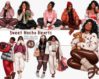 Sweet Mocha Afro Valentine Clipart PNG, Planner Stickers (Digital Download)