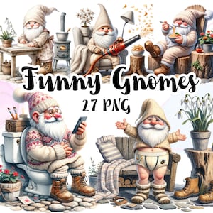 Bundle aquarelle de gnomes drôles, gnome gai cartes postales en téléchargement numérique, clipart gnome lunatique, autocollants numériques gnomes, imprimable Gnome