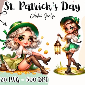 Chibi mignon aquarelle Saint Patrick, Chibi irlandais festif, cliparts de la Saint-Patrick, clipart filles mignonnes, PNG la Saint-Patrick, usage Commercial