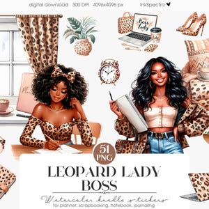 Pegatinas de planificador de leopardo, imágenes prediseñadas de chica negra de moda, pegatinas digitales de mujer jefa, PNG para cuaderno, álbum de recortes, pegatinas para planificador de diario