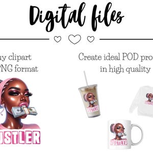 Op de afbeelding: Digitale ontwerpbestanden met een cartoonillustratie van een vrouw met roze haar en een roze hoofdband, die een roze shirt draagt en geld in haar mond houdt. De tekst "HUSTLER" staat in roze letters onder de illustratie. Het ontwerp is te zien op een witte mok, een wit T-shirt en een witte tumbler.