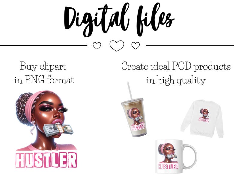 Op de afbeelding: Digitale ontwerpbestanden met een cartoonillustratie van een vrouw met roze haar en een roze hoofdband, die een roze shirt draagt en geld in haar mond houdt. De tekst "HUSTLER" staat in roze letters onder de illustratie. Het ontwerp is te zien op een witte mok, een wit T-shirt en een witte tumbler.