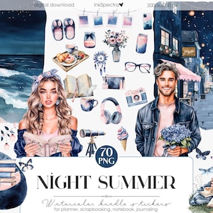 Paquete de imágenes prediseñadas de acuarela de noche de verano, estética rosa y azul, imágenes prediseñadas de océano, tiempo de playa de verano, pegatinas digitales, álbumes de recortes, uso comercial