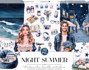 Night Summer Watercolor Clipart Bundle, Planner Stickers (Digital Download)
