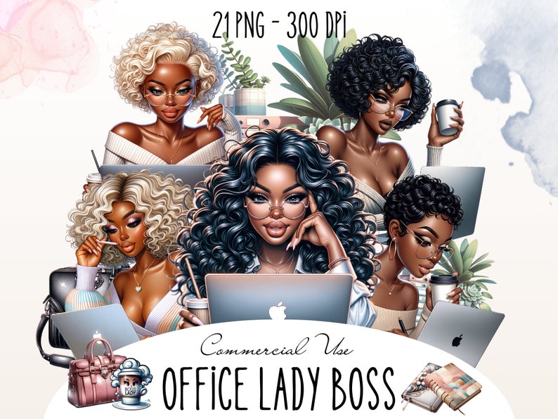 May include: A digital illustration of four women working at their desks. Each woman has dark curly hair and is wearing glasses. The women are all dressed in business casual attire. The image is set against a white background with a pink and blue watercolor wash in the background. The text "Commercial Use OFFICE LADY BOSS" is at the bottom of the image.