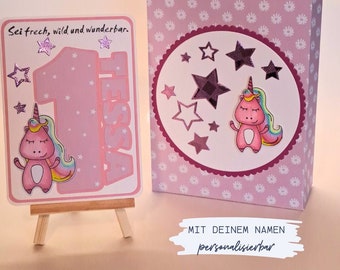 Geschenkset zum 1. Geburtstag | Geschenktüte mit Glückwunschkarte | Einhorn | Geschenk für Mädchen | Karte mit Namen | Geldgeschenk