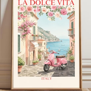Arte mural imprimible de La Dolce Vita, Italia: póster de viaje a la costa de Amalfi, impresión retro de Positano, decoración italiana de Vespa Motorino rosa, descarga digital