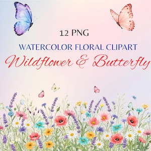 12 cliparts floraux aquarelle, fleurs sauvages, clipart papillon, bordure florale PNG, fleurs de printemps png fleur d'été numérique Clipart