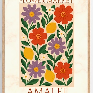 Blumenmarkt Amalfi Wall Art Print - Vintage italienisches Poster, Zitrone & Blumendekor, bunte Amalfiküste druckbare digitale Download
