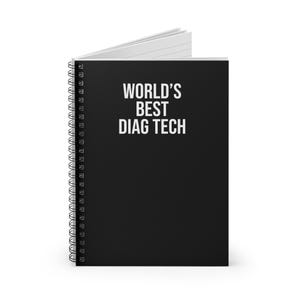 May include: A black spiral-bound notebook featuring the white text "WORLD'S BEST DIAG TECH" printed on the front cover. The notebook is shown slightly open, revealing white lined pages inside, with a black metal coil binding along the left side.