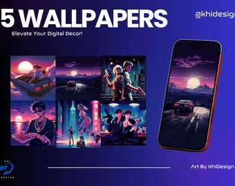 May include: Five retro-style digital wallpapers featuring a variety of scenes, including a car driving on a road at night, a couple standing in front of a city skyline, and a person sitting at a table with a drink. The text "5 WALLPAPERS" and "Elevate Your Digital Decor!" is at the top of the image. The text "@khidesign" is in the top right corner of the image. The text "Art By Khidesign" is at the bottom of the image.