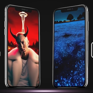 May include: Two iPhone screens displaying different wallpapers. The left screen shows a man with horns wearing a white fur coat and a gold chain, with a red background and a tall building in the background. The right screen shows a blue field with white lights at night. The text "4K" is in the upper right corner of the image.