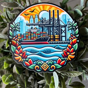 May include: A colorful illustration of a cargo ship docked at a port with cranes, palm trees, and a sunset in the background. The ship is red, blue, and yellow, and the cranes are black. The sunset is orange and yellow, and the palm trees are green. The illustration is surrounded by a black border.