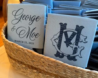 Personalized Wedding Can Coolers, Custom Crest Design, Elegant Wedding Favors