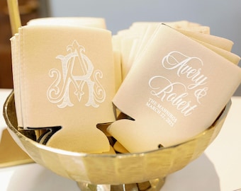 Personalized Wedding Can Coolers, Elegant Crest Coolies, Wedding Favors