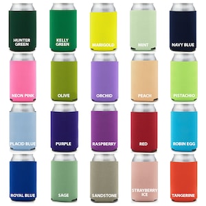 May include: A collection of colorful can coolers in various shades, including hunter green, neon pink, and tangerine. Each cooler has a white label with its color name. The coolers are designed to fit around a standard-sized beverage can.