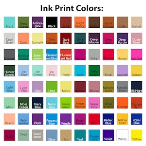 May include: A color chart titled "Ink Print Colors" displays a grid of 64 color swatches. Each swatch is labeled with a color name, including Aqua, Black, Coral, Emerald Green, Fuchsia, and more. The colors are arranged in rows and columns.