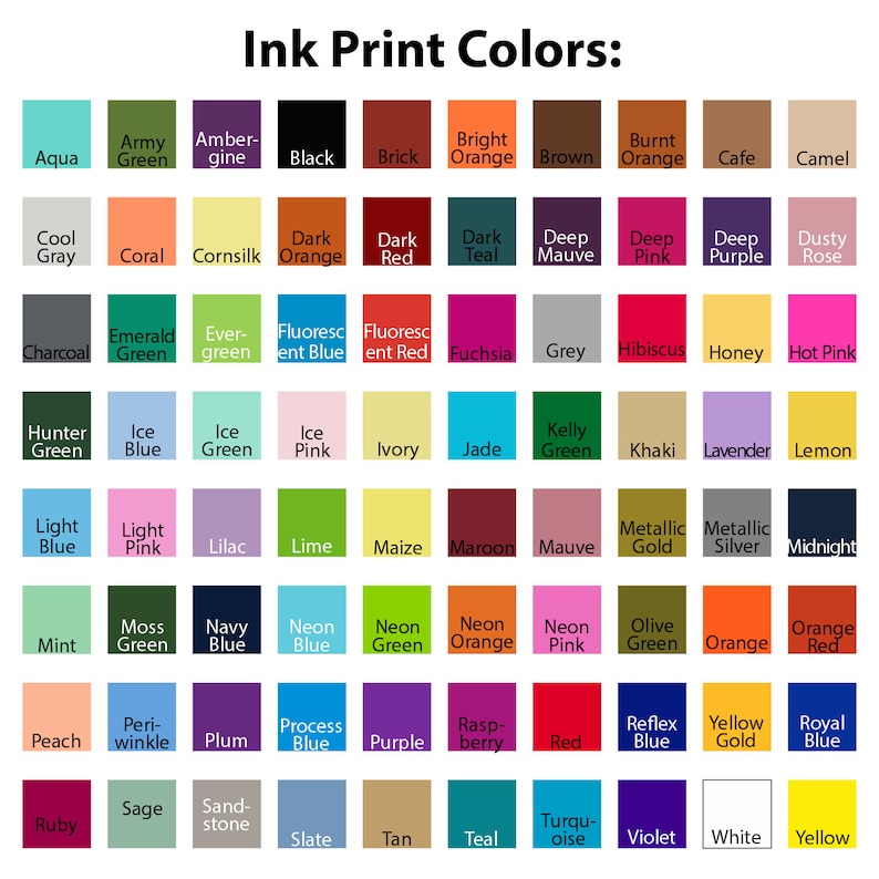 May include: A color chart titled "Ink Print Colors" displays a grid of 64 color swatches. Each swatch is labeled with a color name, including Aqua, Black, Coral, Emerald Green, Fuchsia, and more. The colors are arranged in rows and columns.