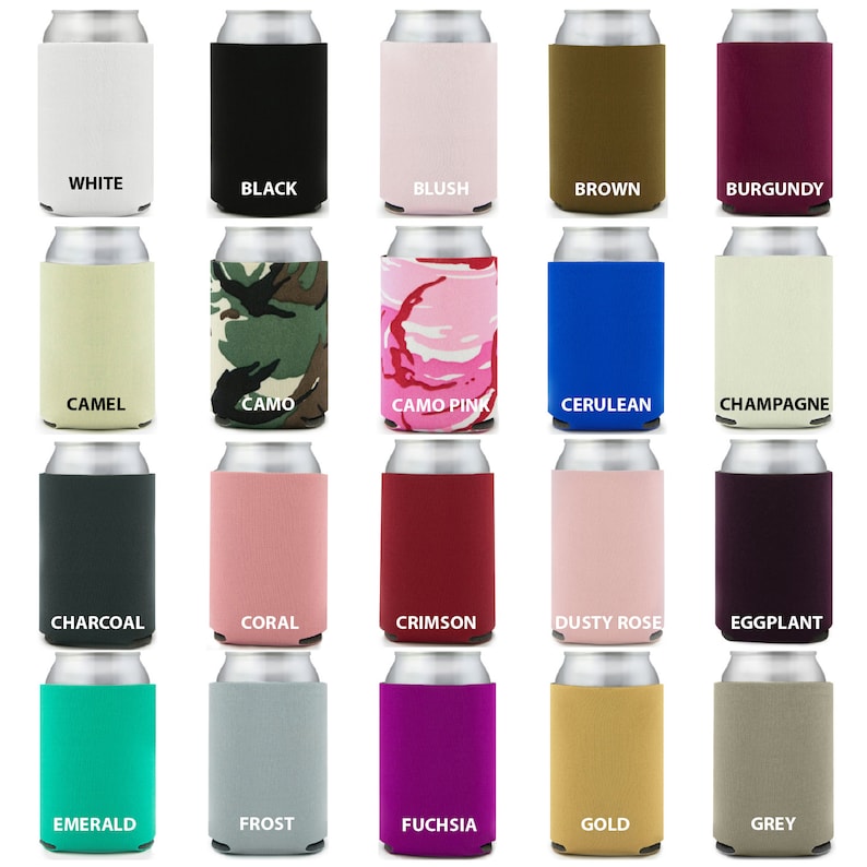 May include: A collection of colorful can coolers in various shades, including white, black, blush, brown, burgundy, camel, camo, camo pink, cerulean, champagne, charcoal, coral, crimson, dusty rose, eggplant, emerald, frost, fuchsia, gold, and grey.