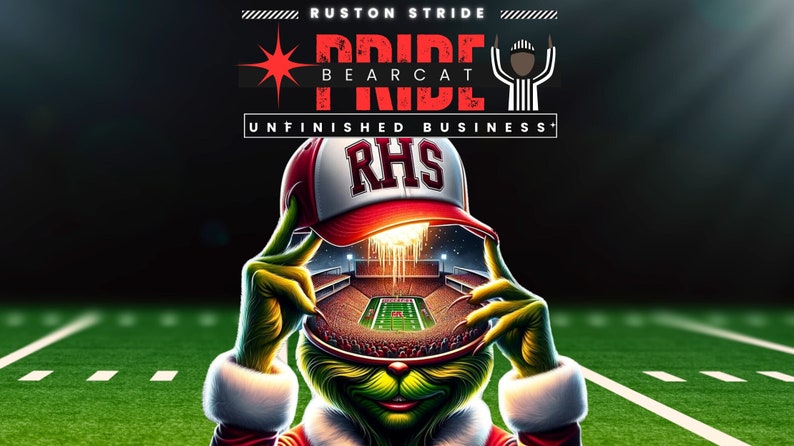 Puede incluir: Ilustraci&oacute;n digital de un personaje verde con una gorra de b&eacute;isbol roja y blanca con "RHS", sosteniendo la gorra para revelar un estadio de f&uacute;tbol. La imagen incluye el texto "Ruston Stride Pride Bearcat Pride Unfinished Business."