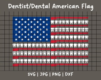 May include: A graphic illustration of the American flag, with the stripes replaced by rows of teeth. The upper left corner features the blue field with white stars. The text "Dentist/Dental American Flag" is at the top.
