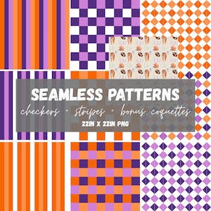 May include: A selection of seamless patterns in orange, purple, and white. The designs include stripes, checkerboard, and diamond patterns. There is also a pattern with footballs and a lion. The text reads "SEAMLESS PATTERNS checkers + stripes + bonus coquettes 22IN X 22IN PNG."