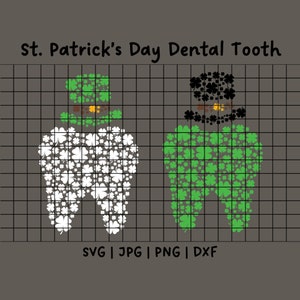 Dia de São Patrício Dente Dental, SVG, PNG, Pacote JPG, Dentista, Sortudo, Duende, Trevo de 4 Folhas, Dente, Dentes, São Patrício, São Patrício